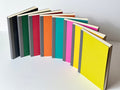 A collection of colorful notebooks laid out next to each other in a gradient of colors, ranging from yellow, green, blue, red, to black.
