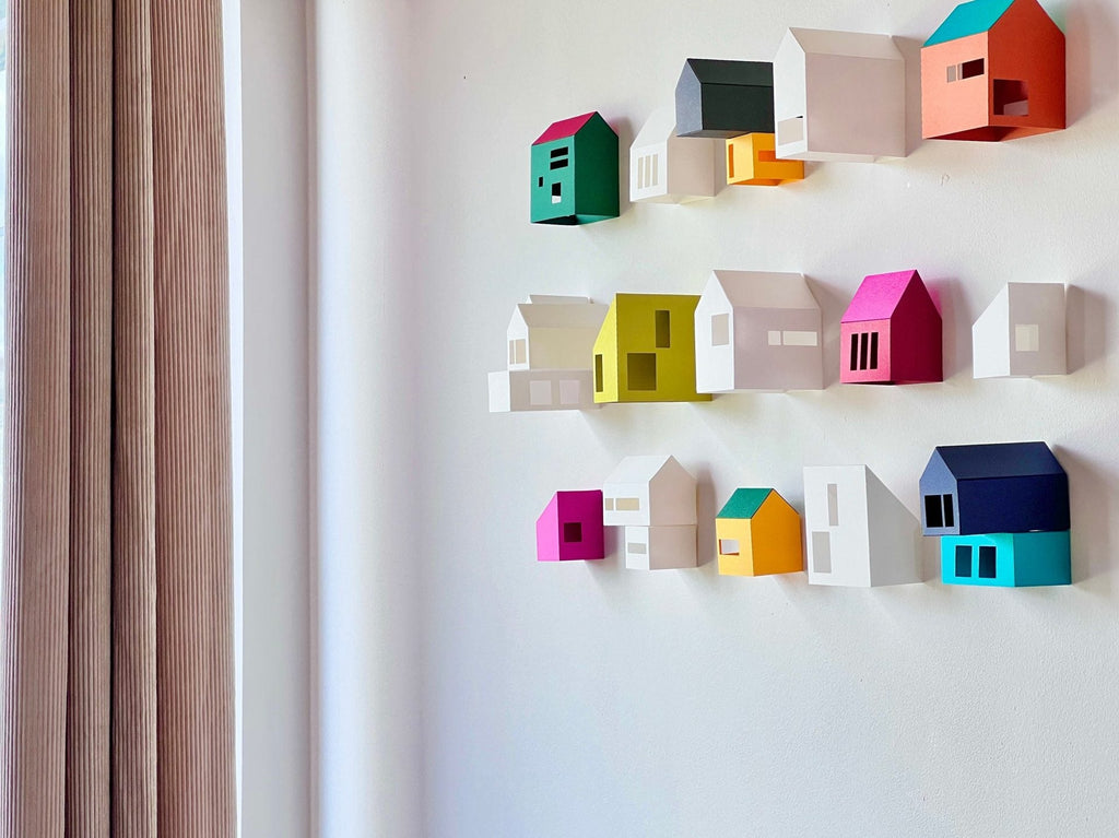 colorful architectural nordic wall art attached on white wall